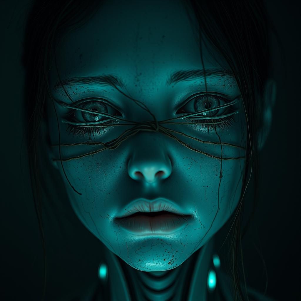 Bioluminescent Android Woman with Sewn Eyes