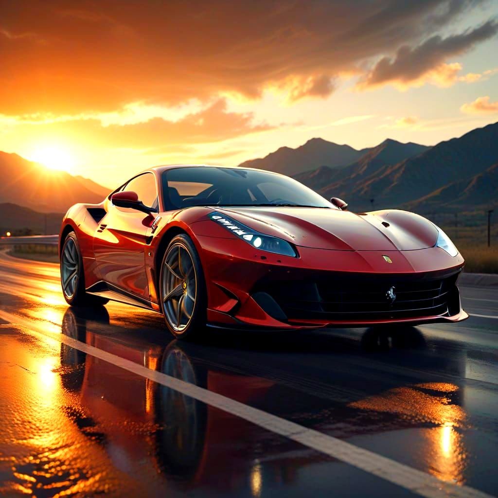 Red Ferrari Speeds on Open Road at Sunset