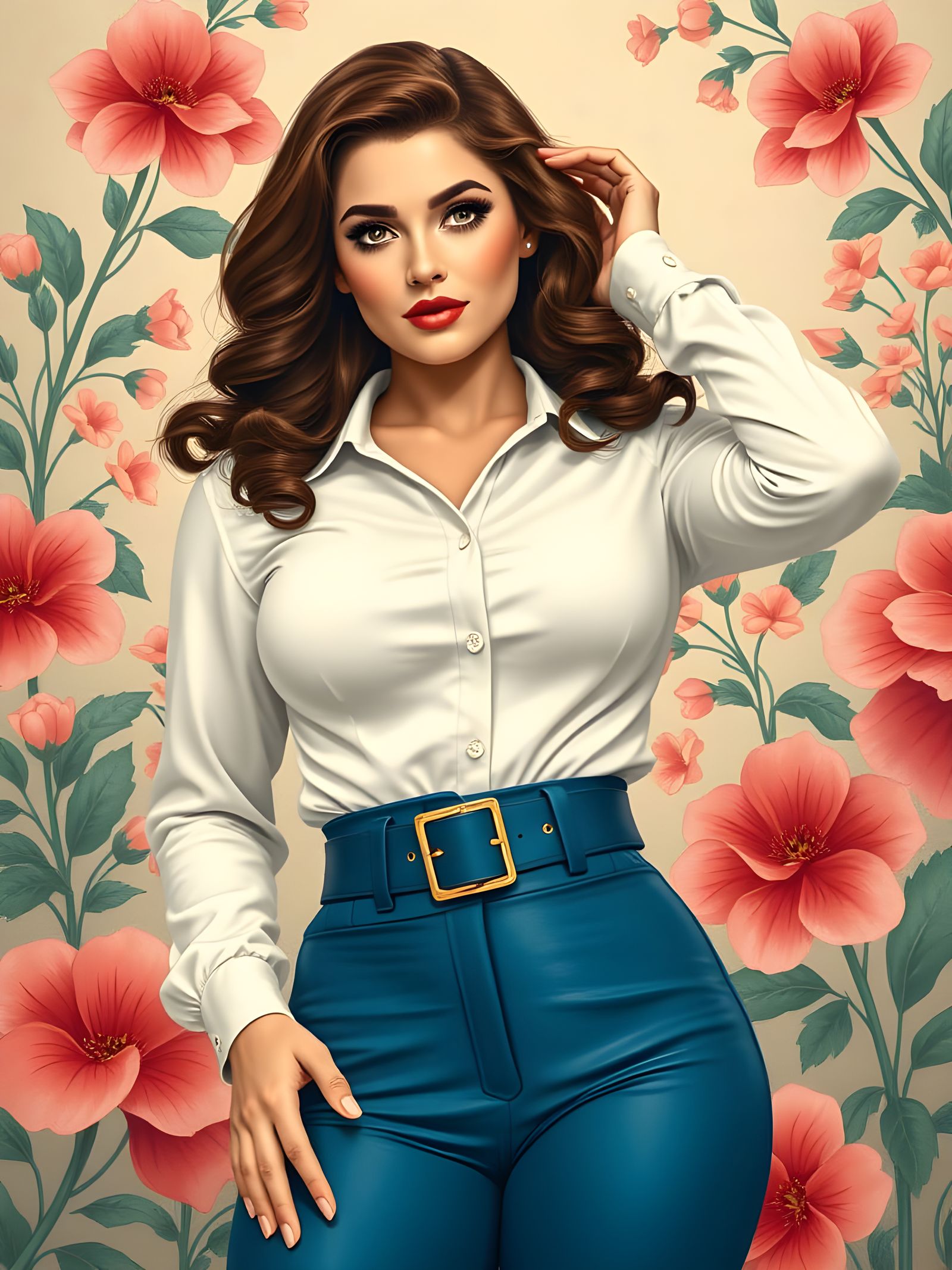 Curvy Woman in Floral Art Nouveau Style