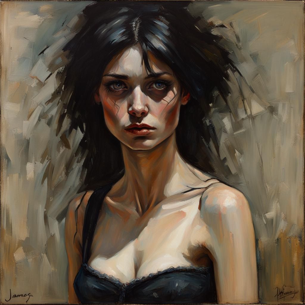 Black-eyed woman. Creepy. Beautiful and alluring. Bare midriff.