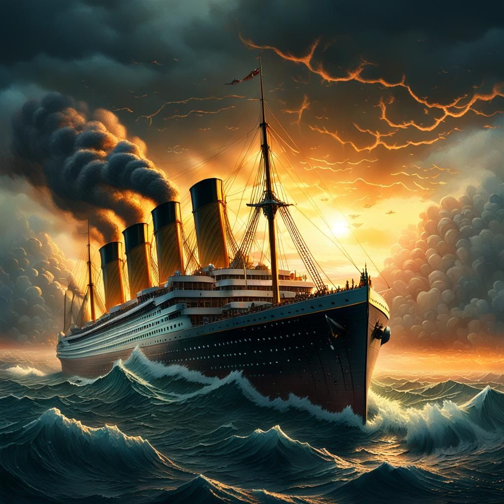 Titanic Sinking in Stormy Ocean at Sunset
