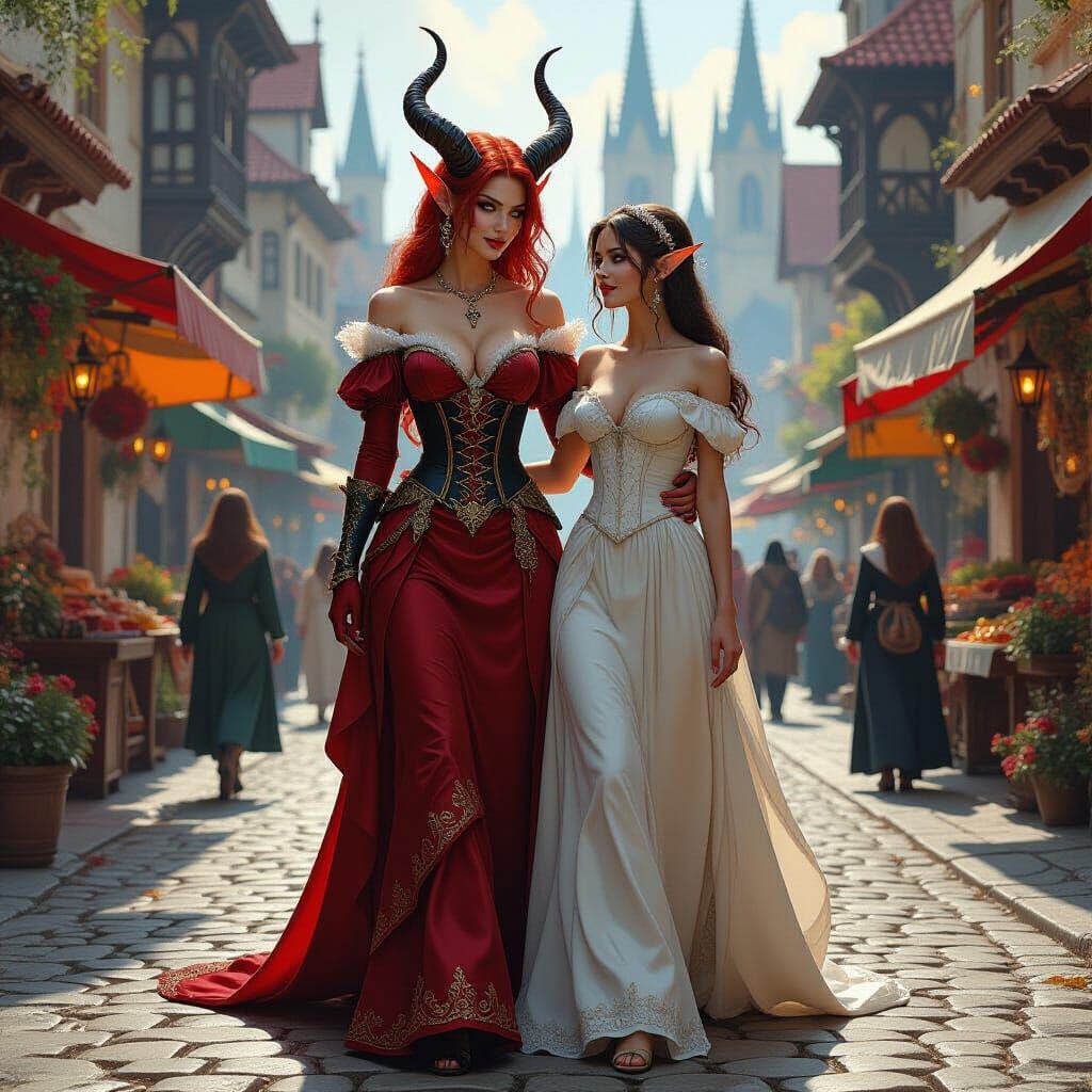 Tiefling and Elf Maiden in Gothic City, as Fantasy Oil Paint...