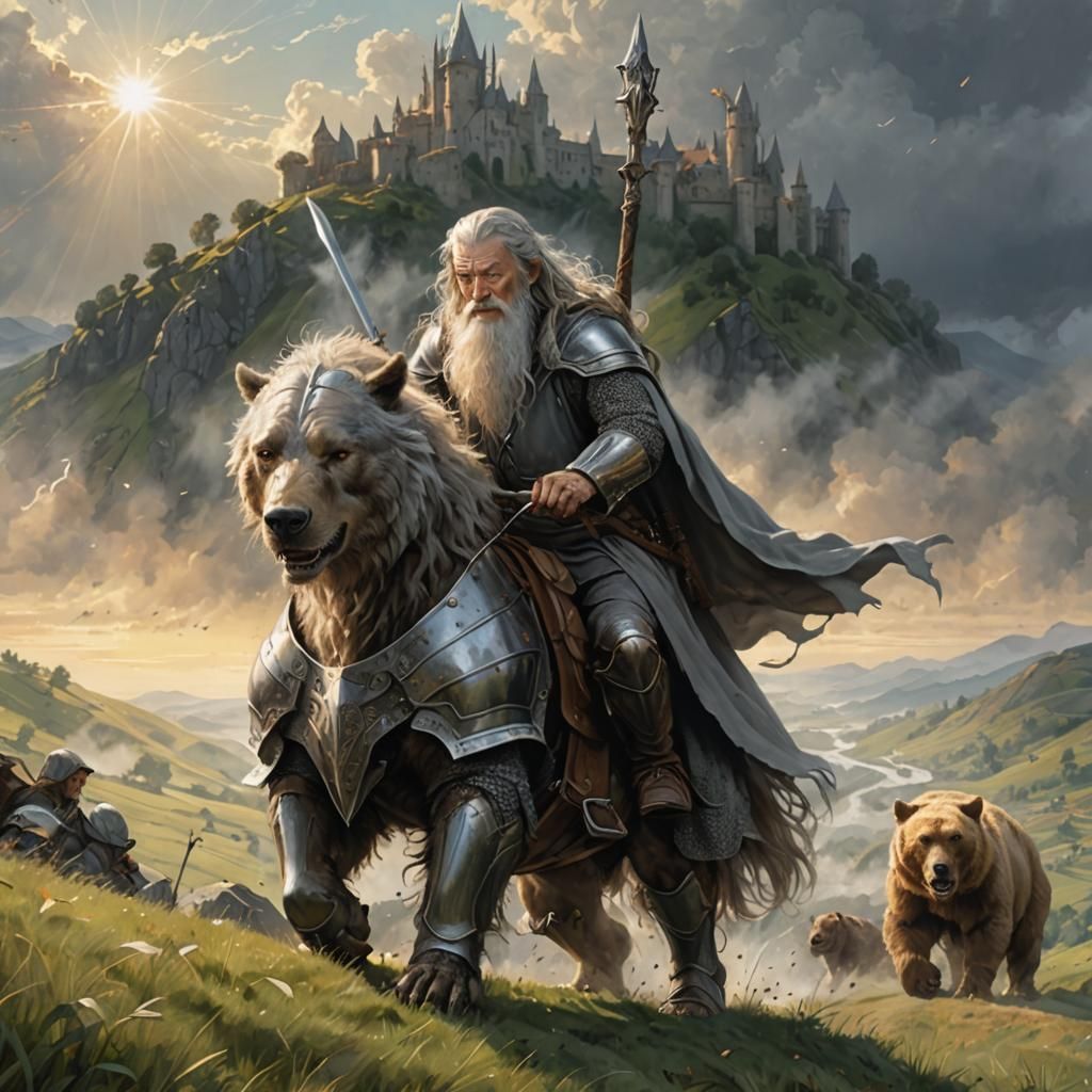 Gandalf on War Bear: Medieval Fantasy Illustration