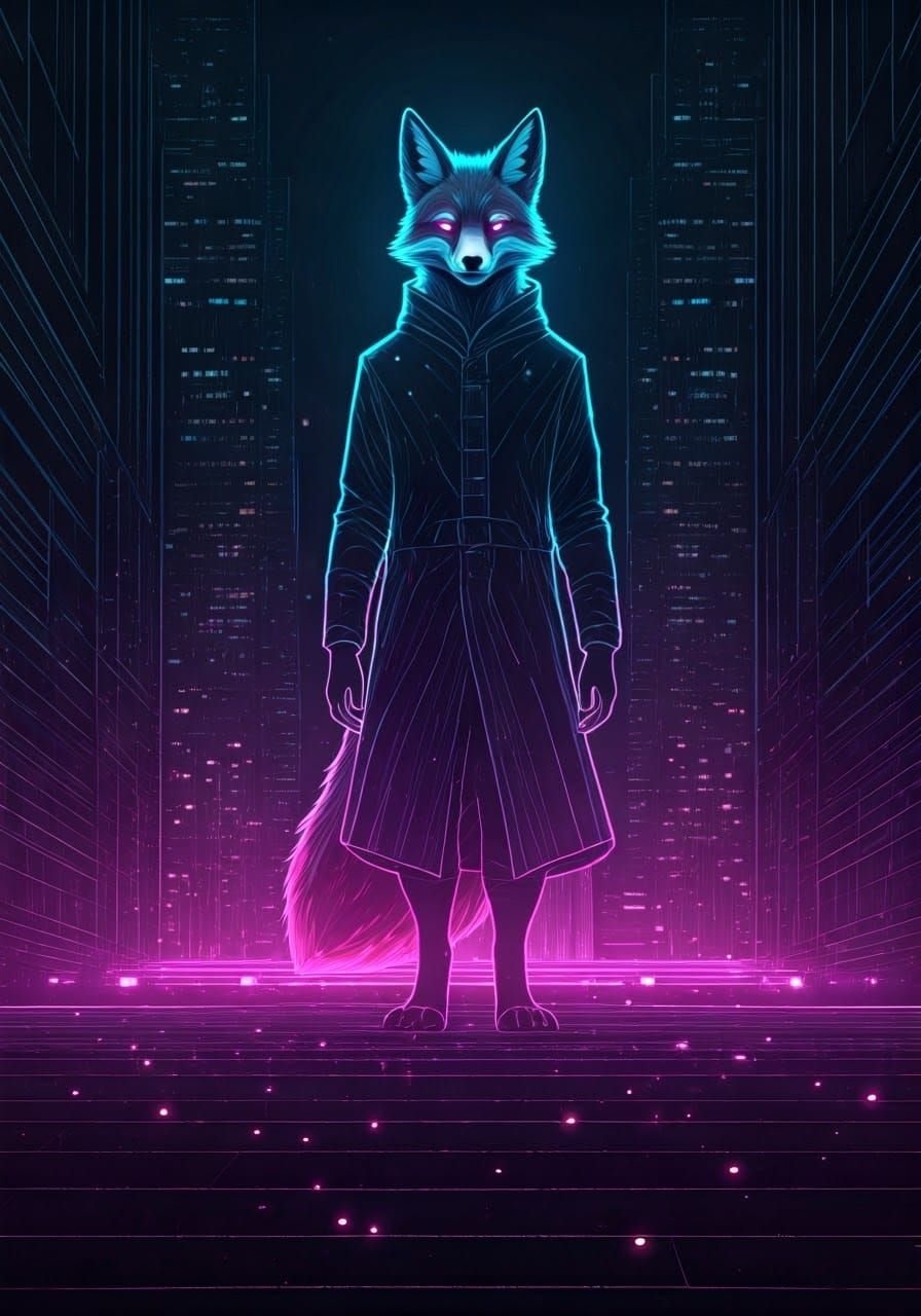 Cyberpunk Fox-Man in Bioluminescent Cityscape
