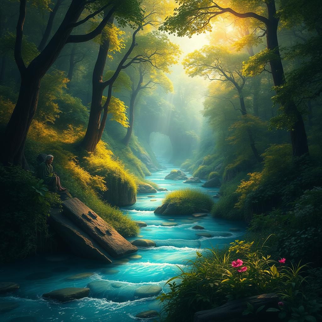 Mystical Forest Landscape with Crystal River