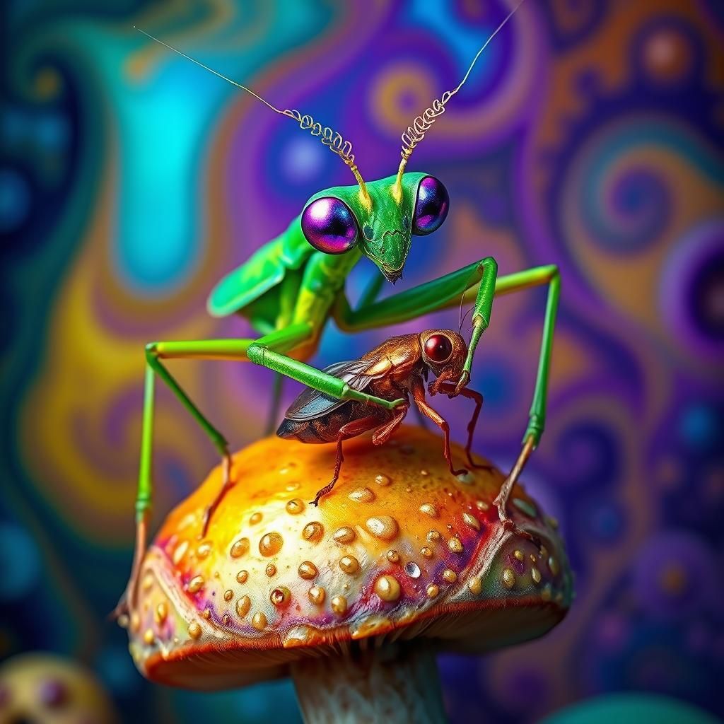 Green Mantis on Psychedelic Mushroom, Art Nouveau