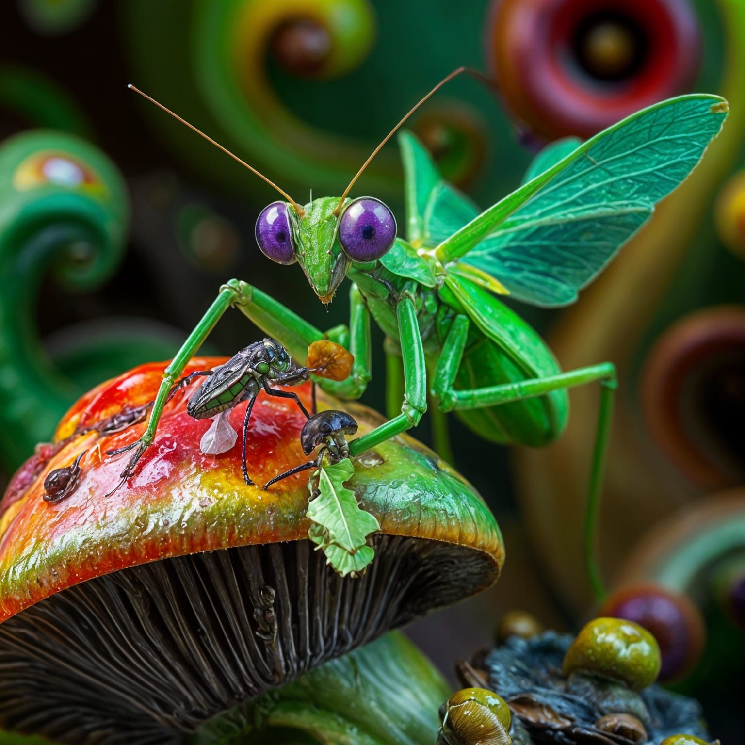 Praying Mantis on Psychedelic Mushroom