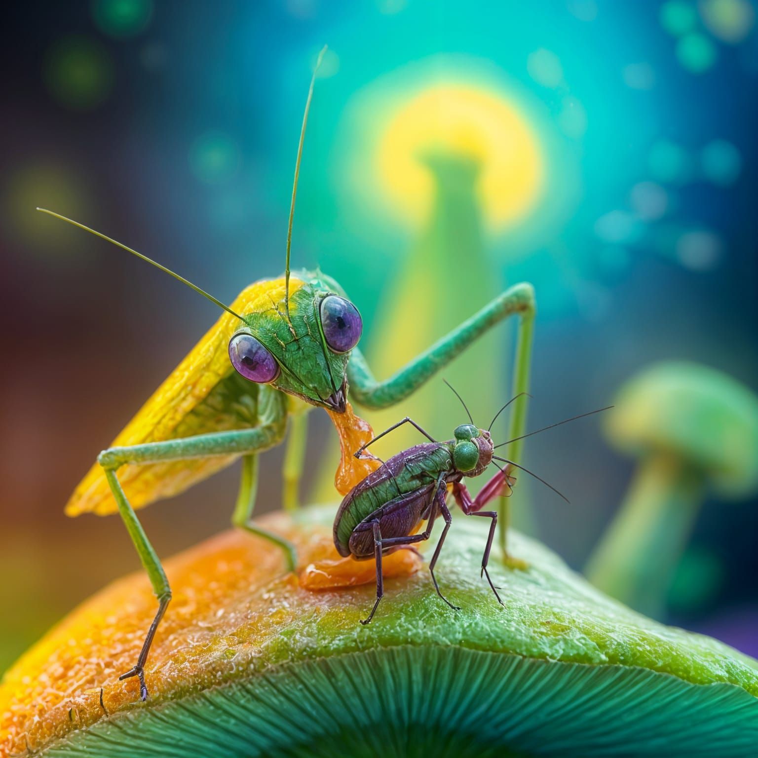 Praying Mantis on Psychedelic Mushroom, Digital Art