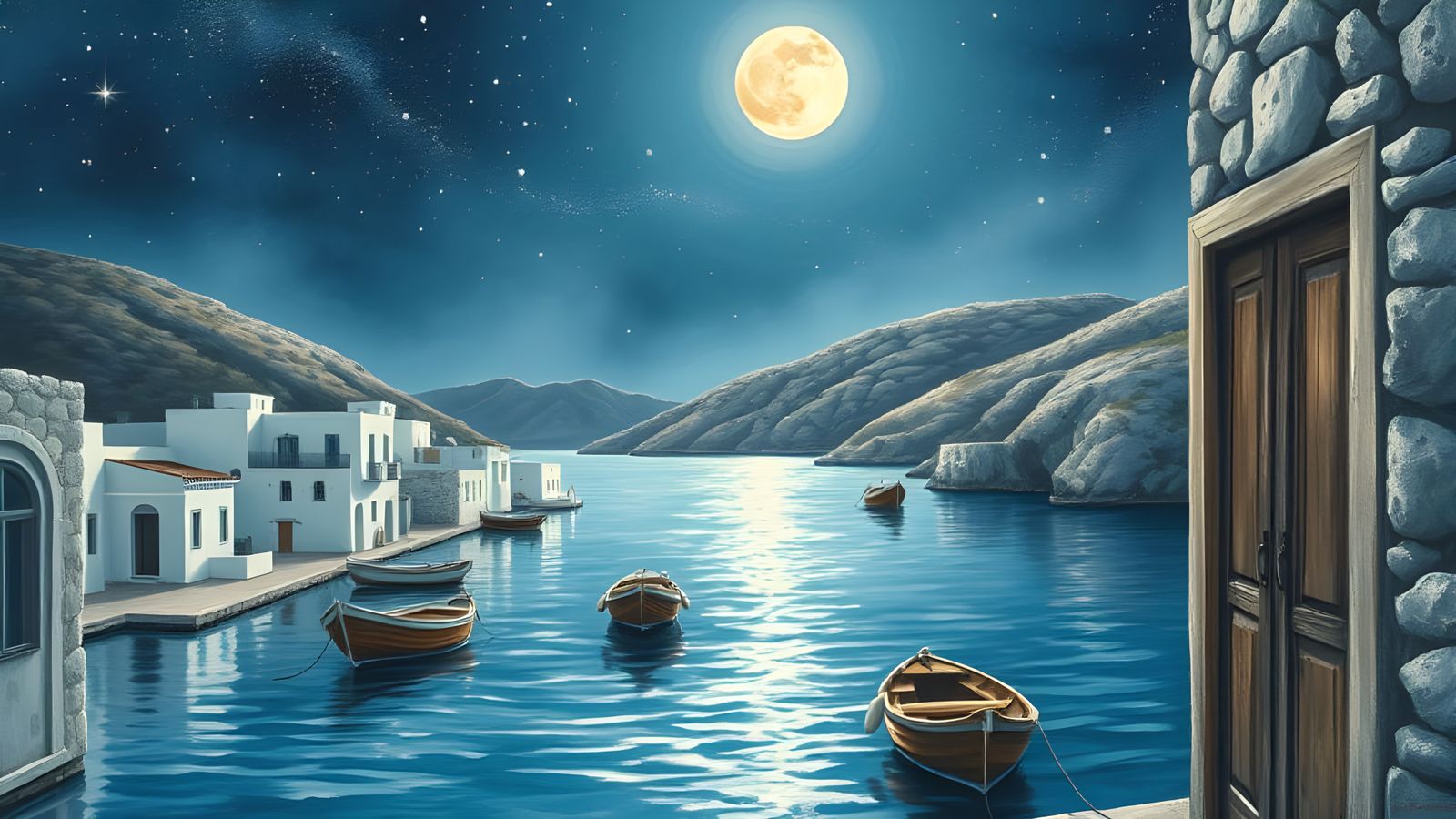 Greek Fishing Village at Night