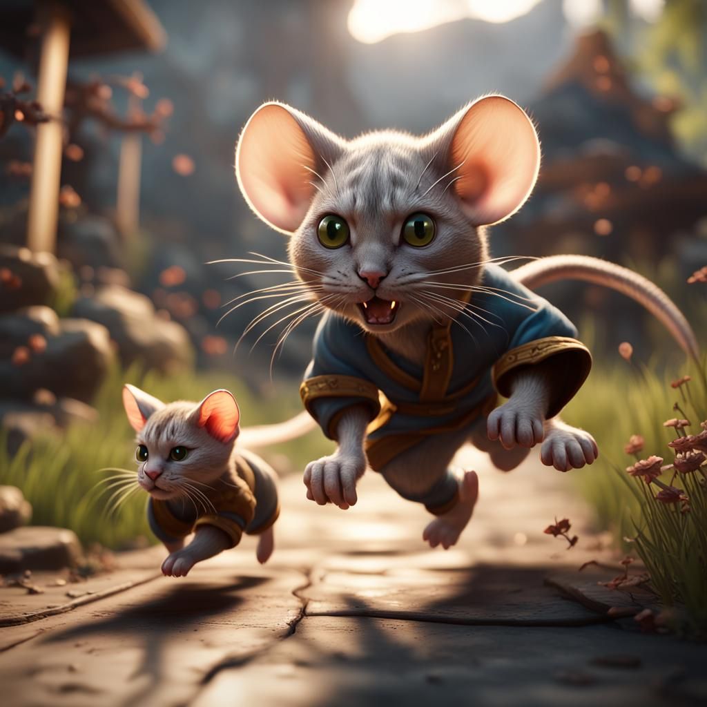 Giant Mice Chase Tiny Cats: 3D Game Cinematic