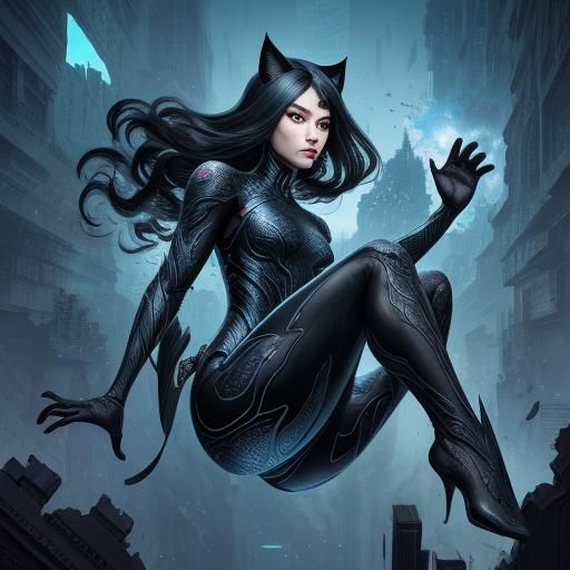 Futuristic Android Catwoman in a Ruined City