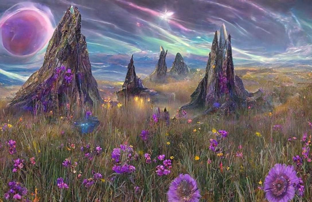 Iridescent Alien Landscape with Aurora Borealis