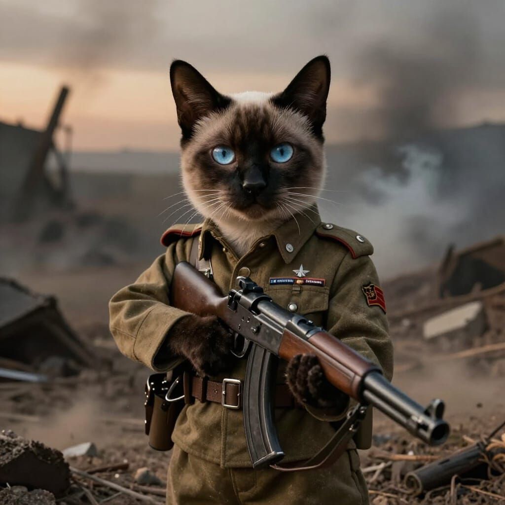 Siamese Cat Soldier in War-Torn Landscape