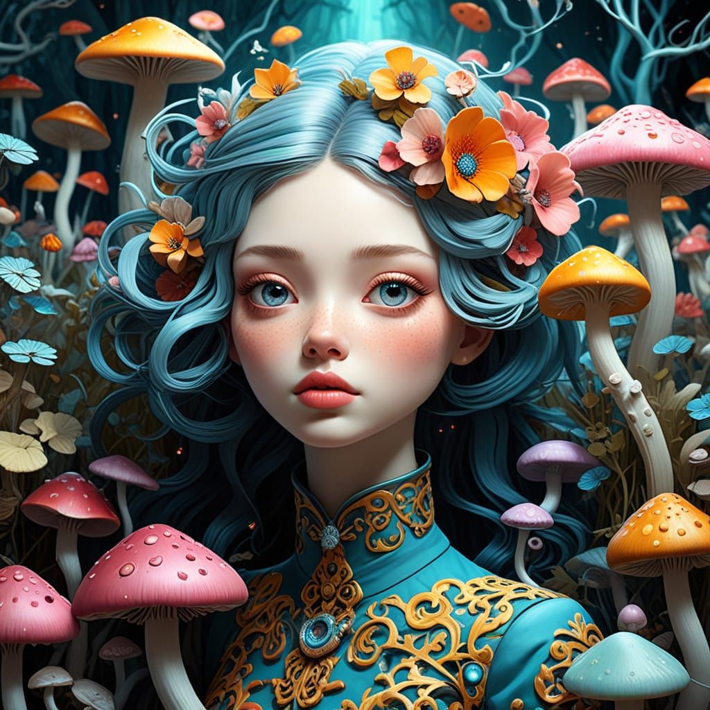 Vibrant surrealism. Close-up. A whimsical singer with a micr...