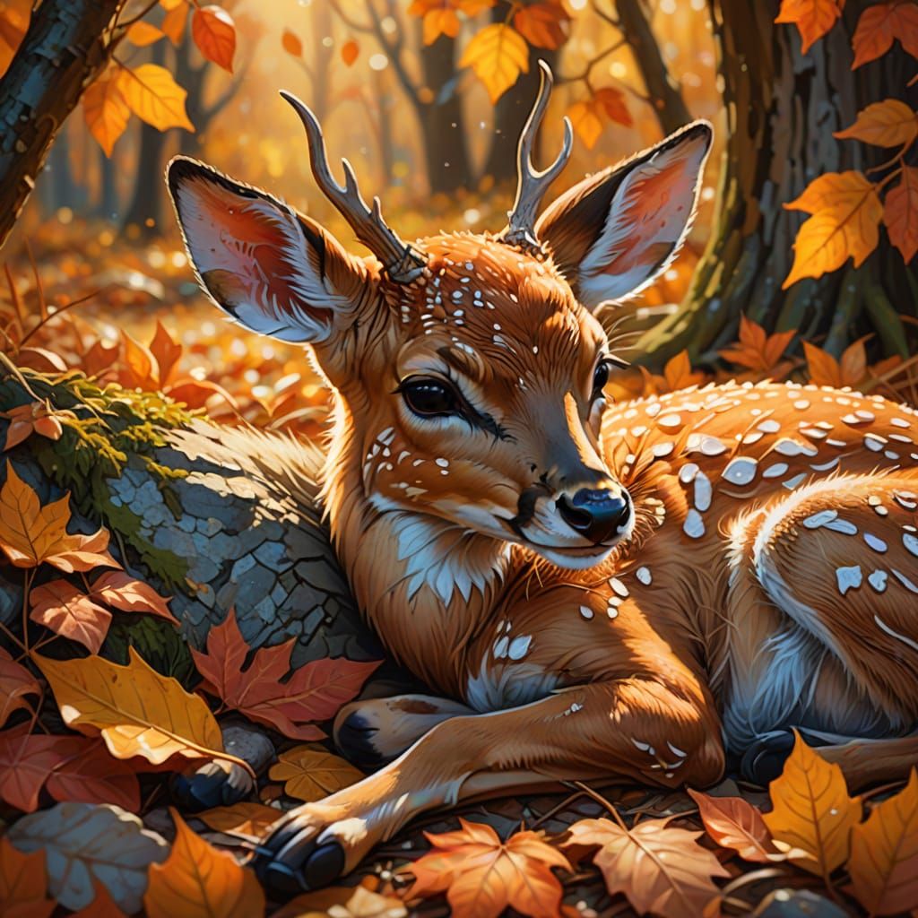 A close-up of an Autumn Fawn resting in fall foliage.