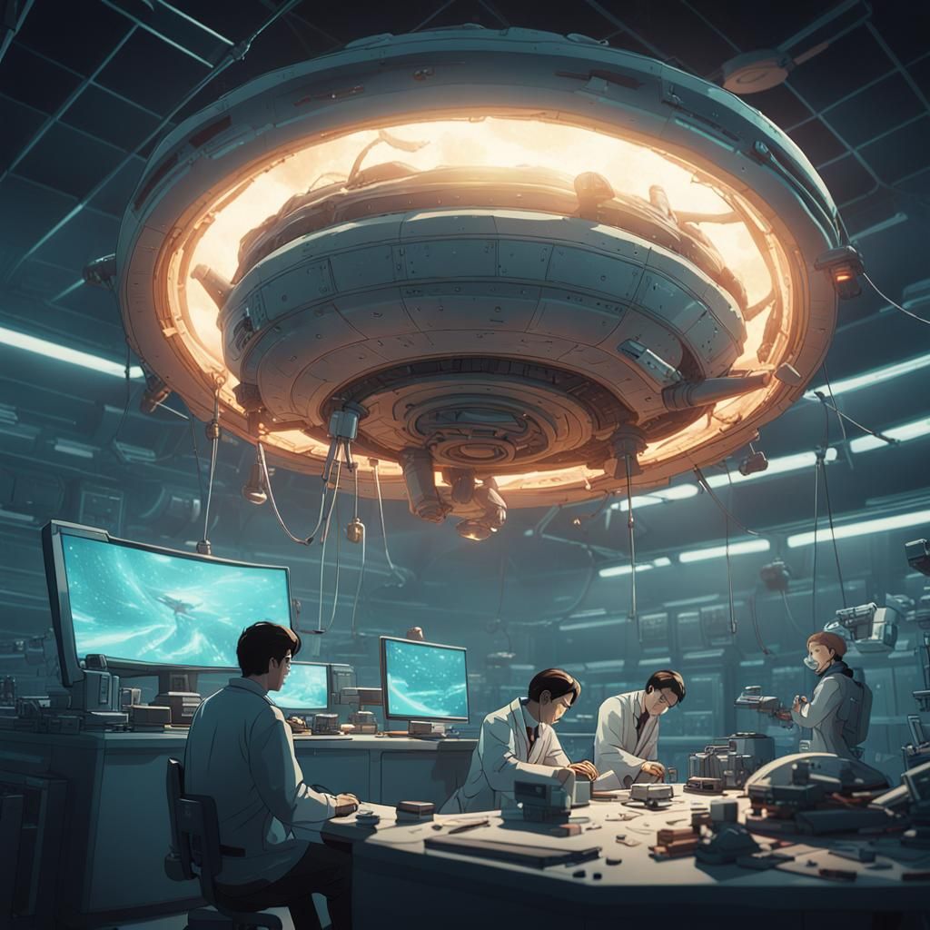 Scientists Examine Crashed UFO: Cinematic Anime Style