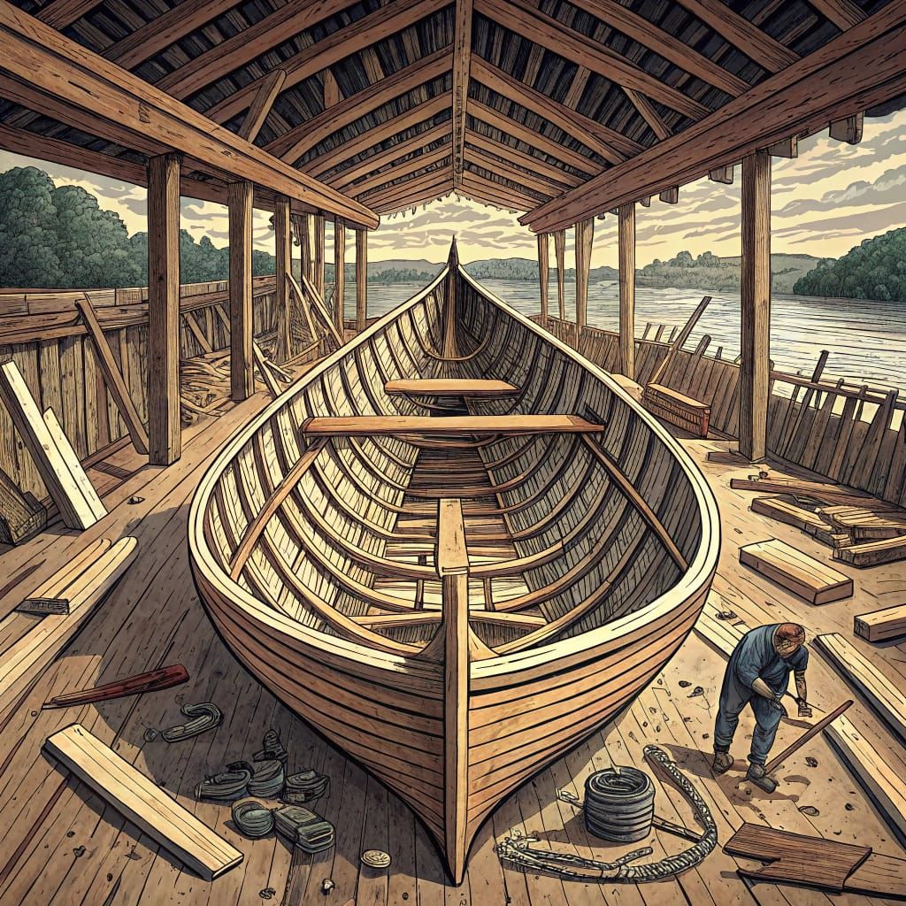 Traditional Wooden Boat Under Construction in Linocut Style
