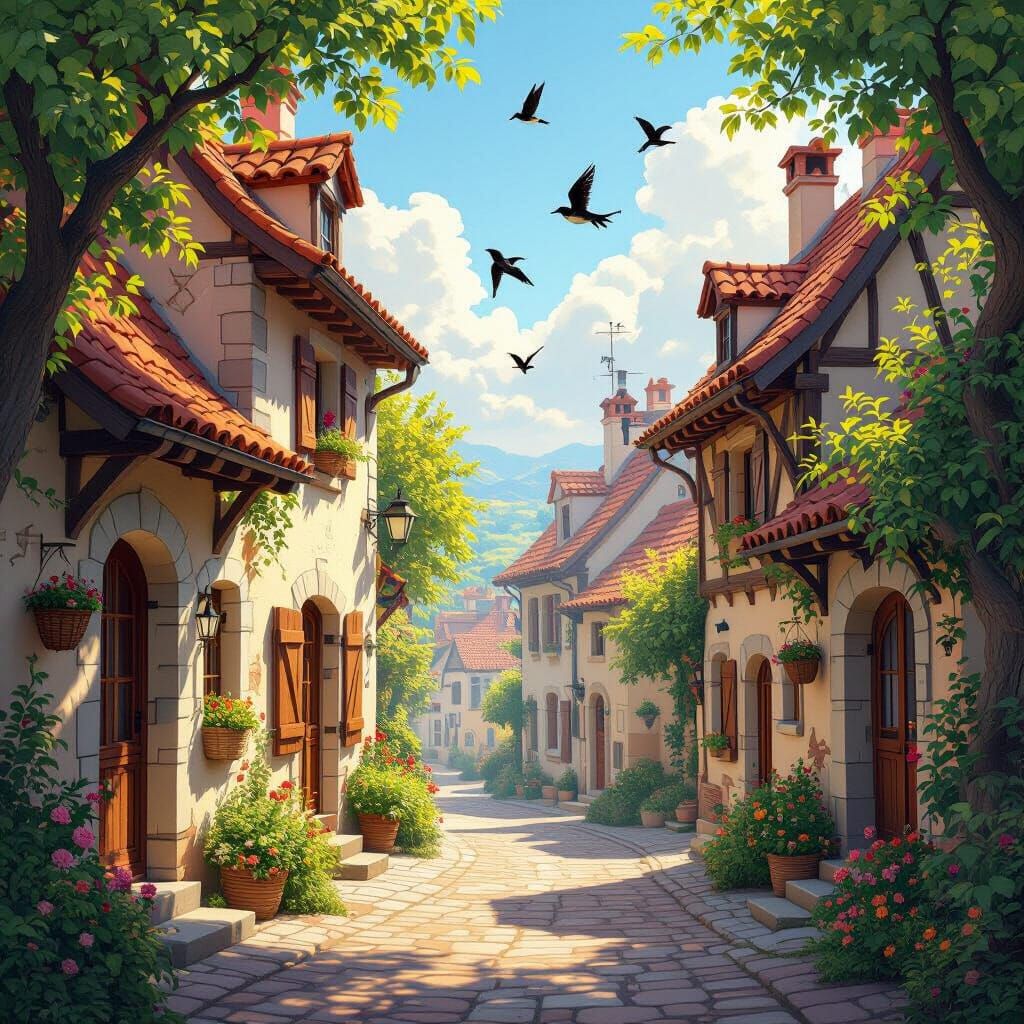 Sunny European Village Scene with Swallows in Matte Painting...