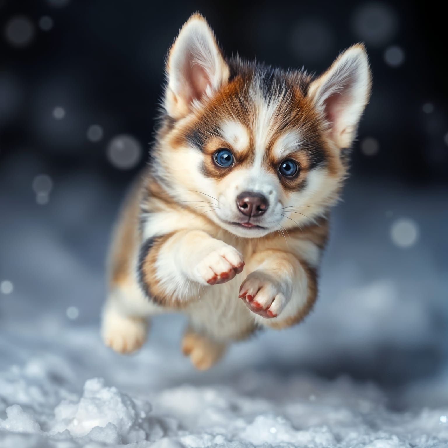 Cute Husky Puppy Leaping in Snowy Scene