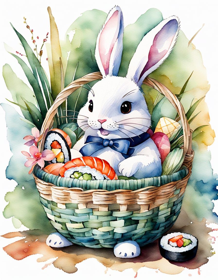 Colorful Easter Bunny Sushi Basket in Watercolor Style