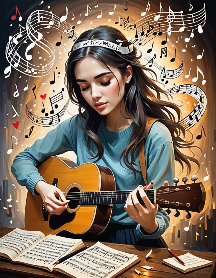 Young Woman Composing a Song with Floating Lyrics