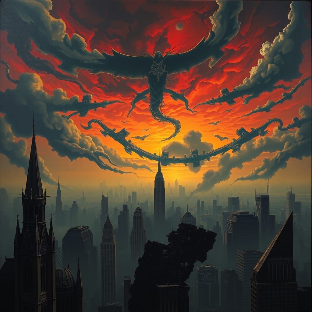 Chaotic Cityscape at Dusk in Heavy Metal Style