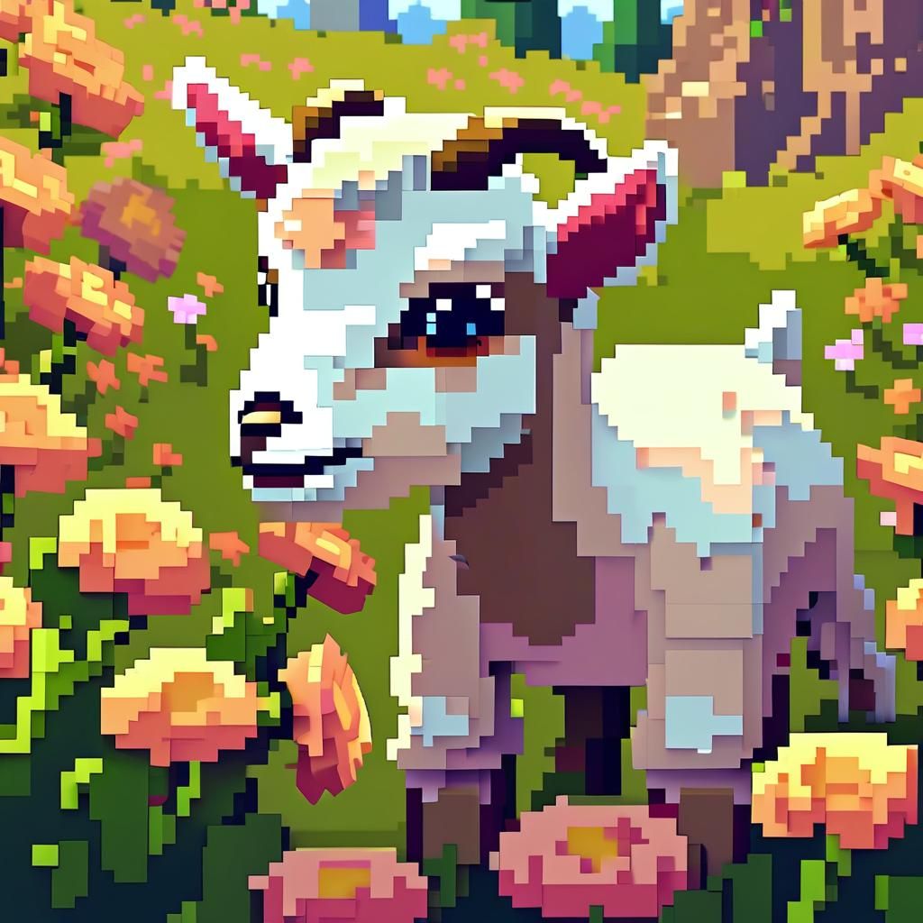 Cute Baby Goat in Flowery Field: Pixel Art