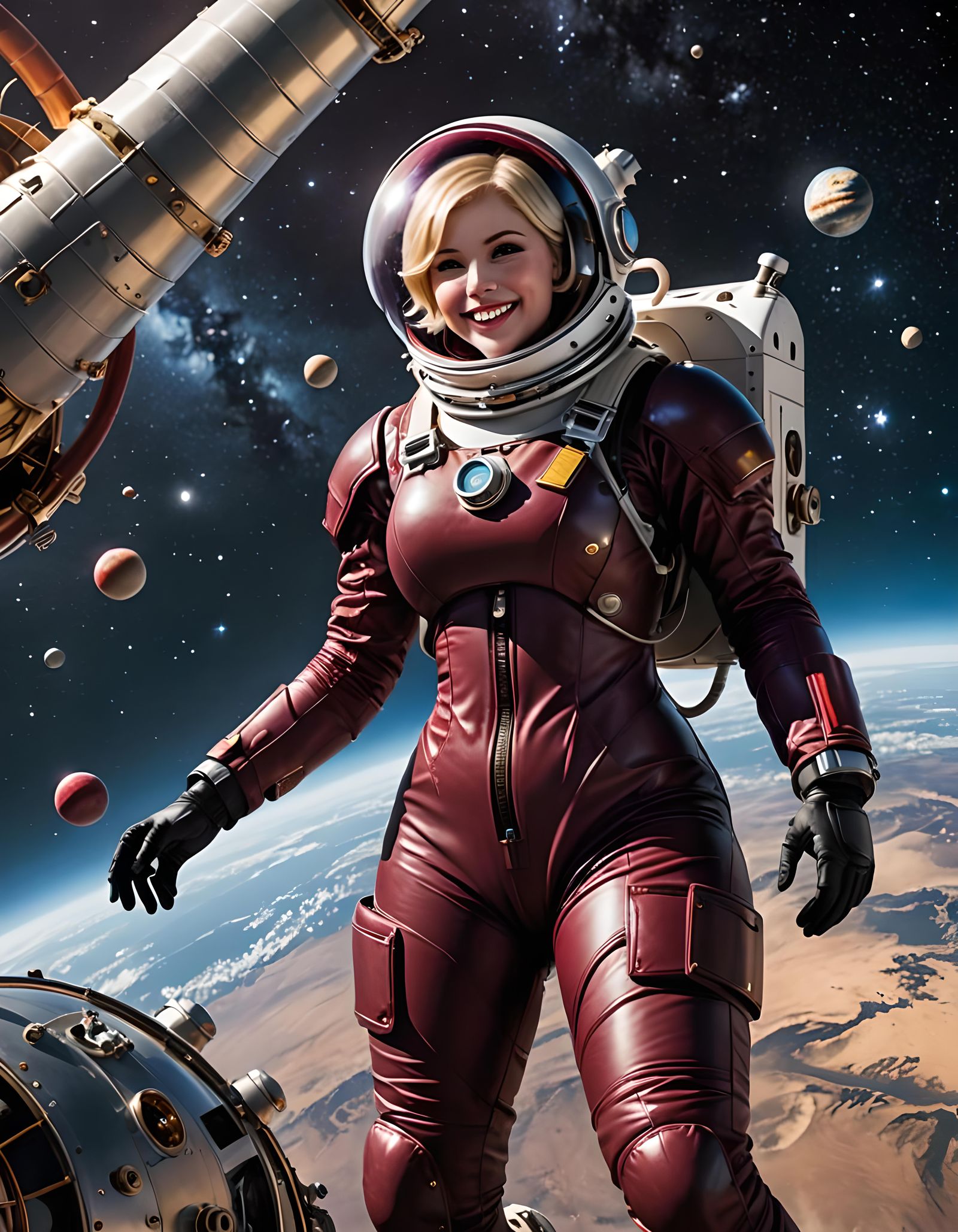 Voluptuous Blonde Astronaut Spacewalking in Deep Space