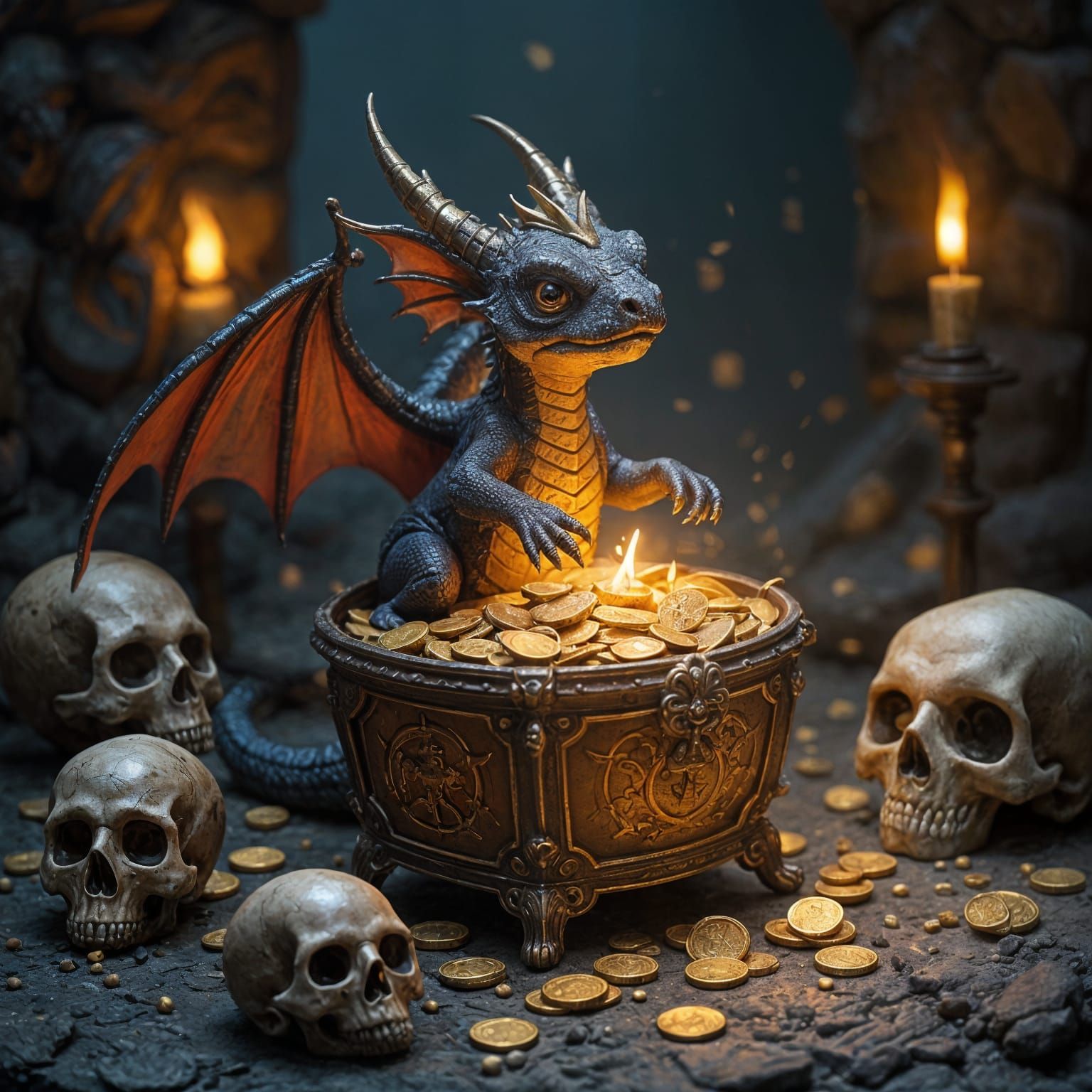 Menacing Baby Dragon Hatching in Dungeon, Dark Fantasy Art