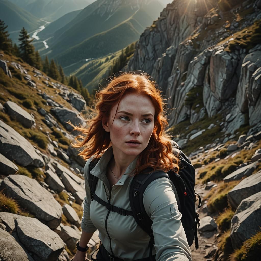 Redhead Girl's Mountain Hike: Cinematic Film Still