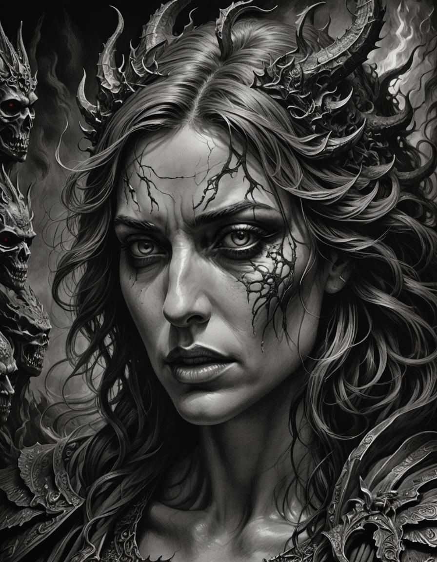 Hellish Women: A Dramatic Illustration in Greyscale