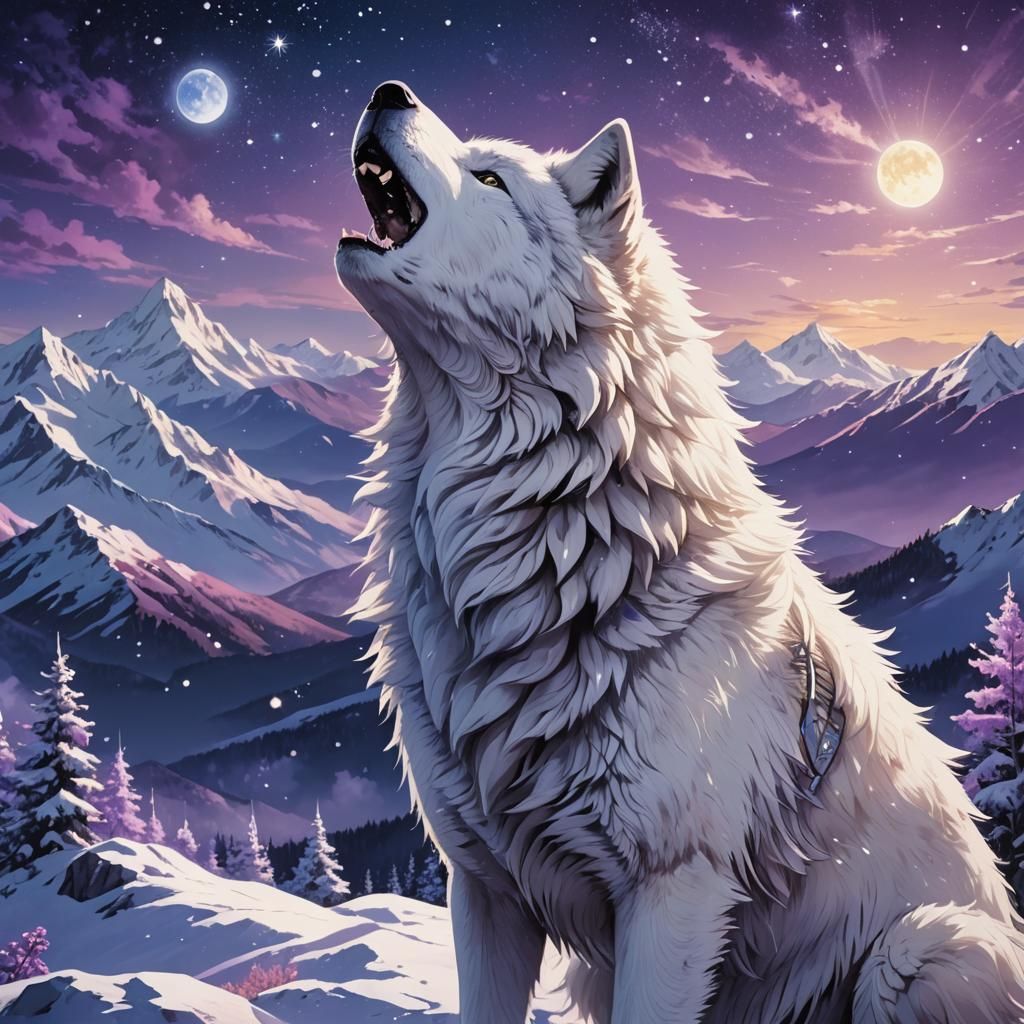 Majestic White Wolf Howling in Anime Style