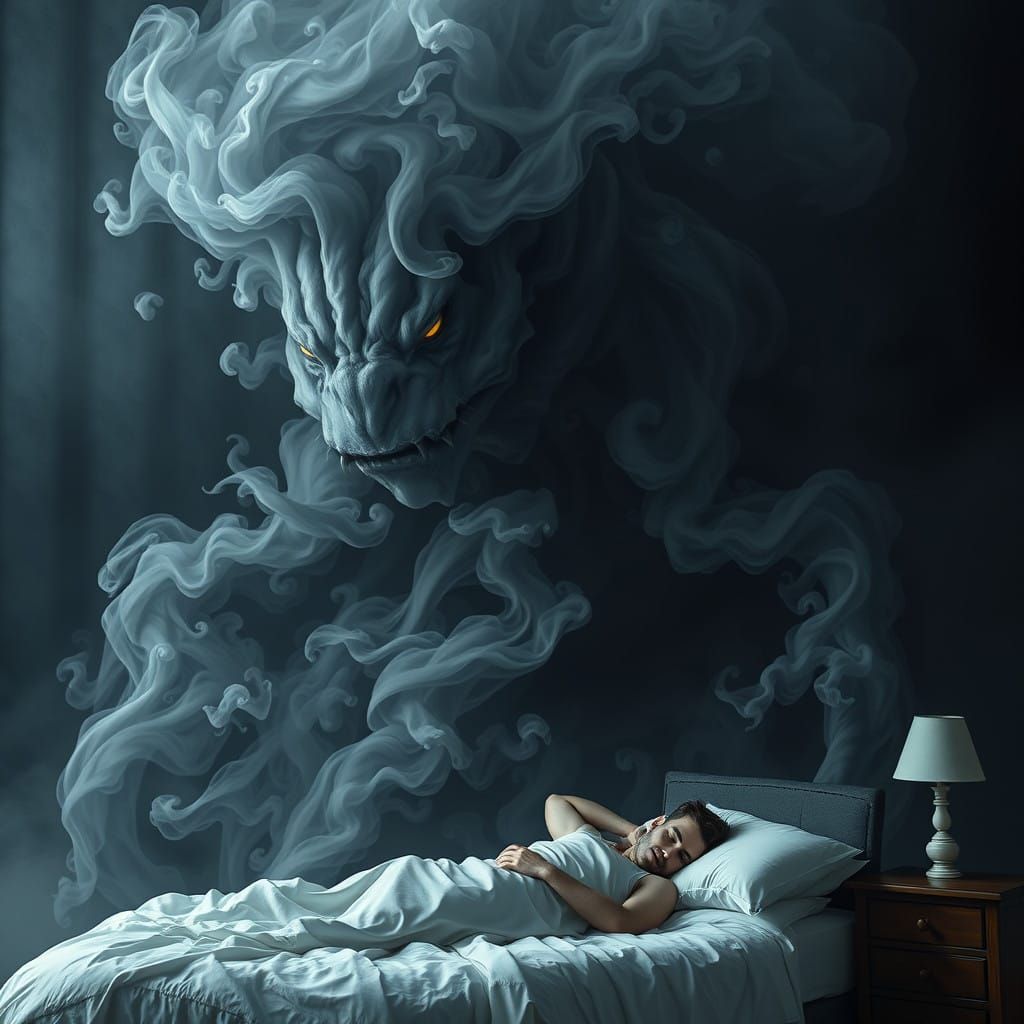 Ghostly Smoke Entity Towers Over Sleeping Man in Darkened Be...