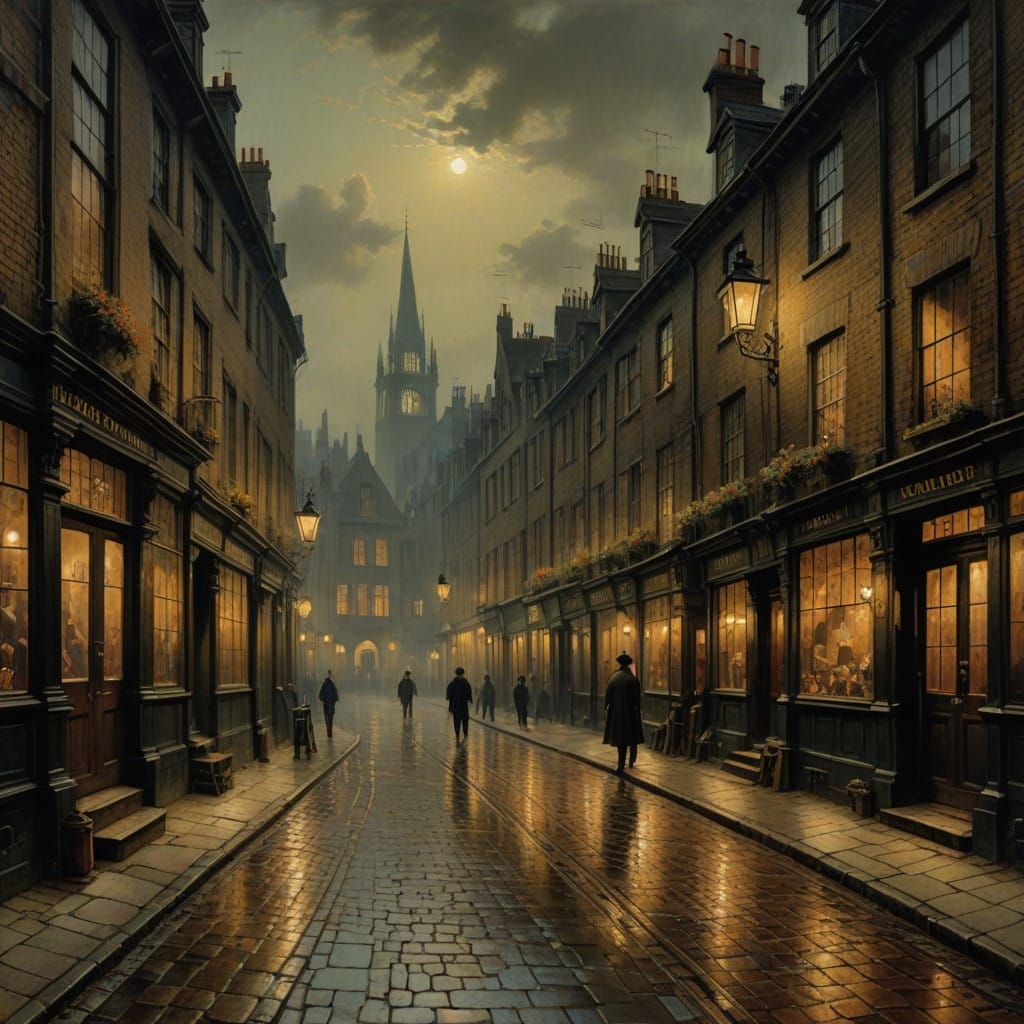 Nostalgic 18th Century Street Scene with Bookshop and Candle...