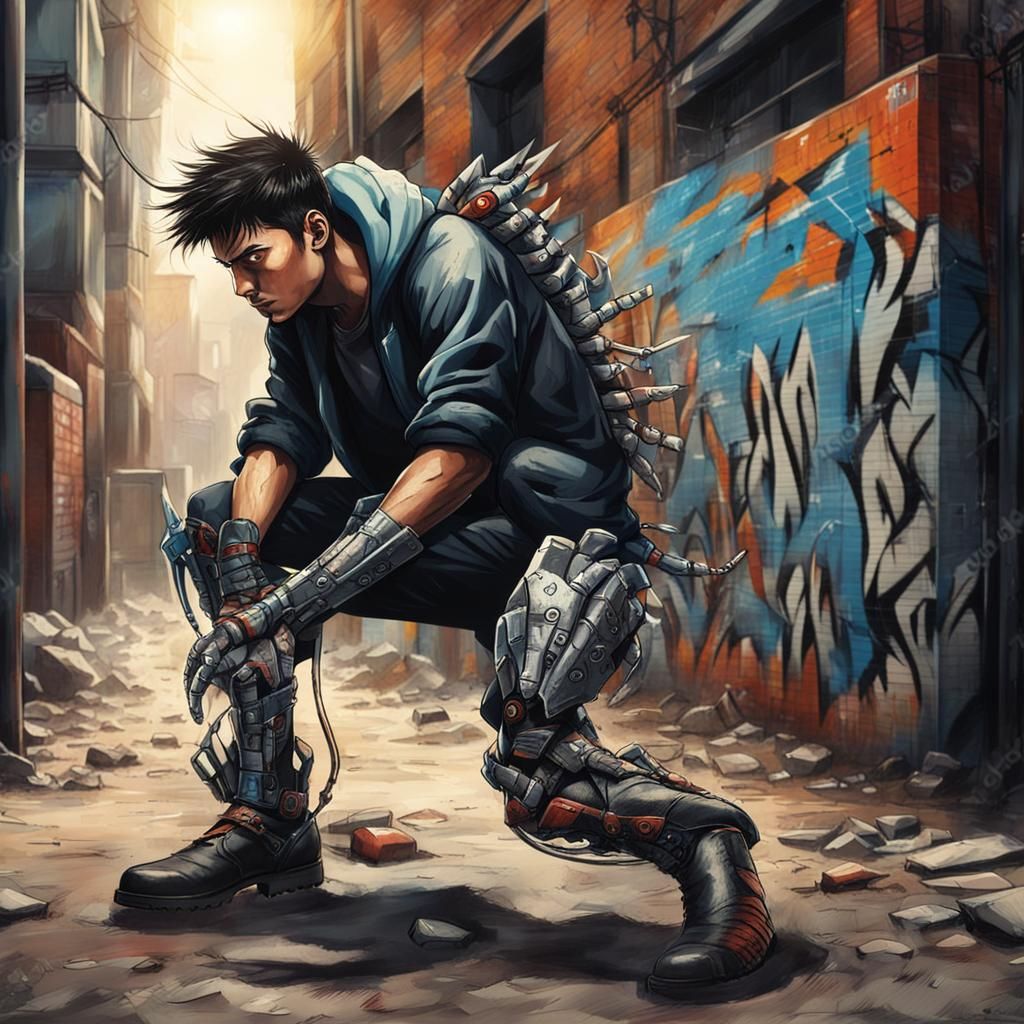 Cybernetic Man with Claws in Grungy Alley
