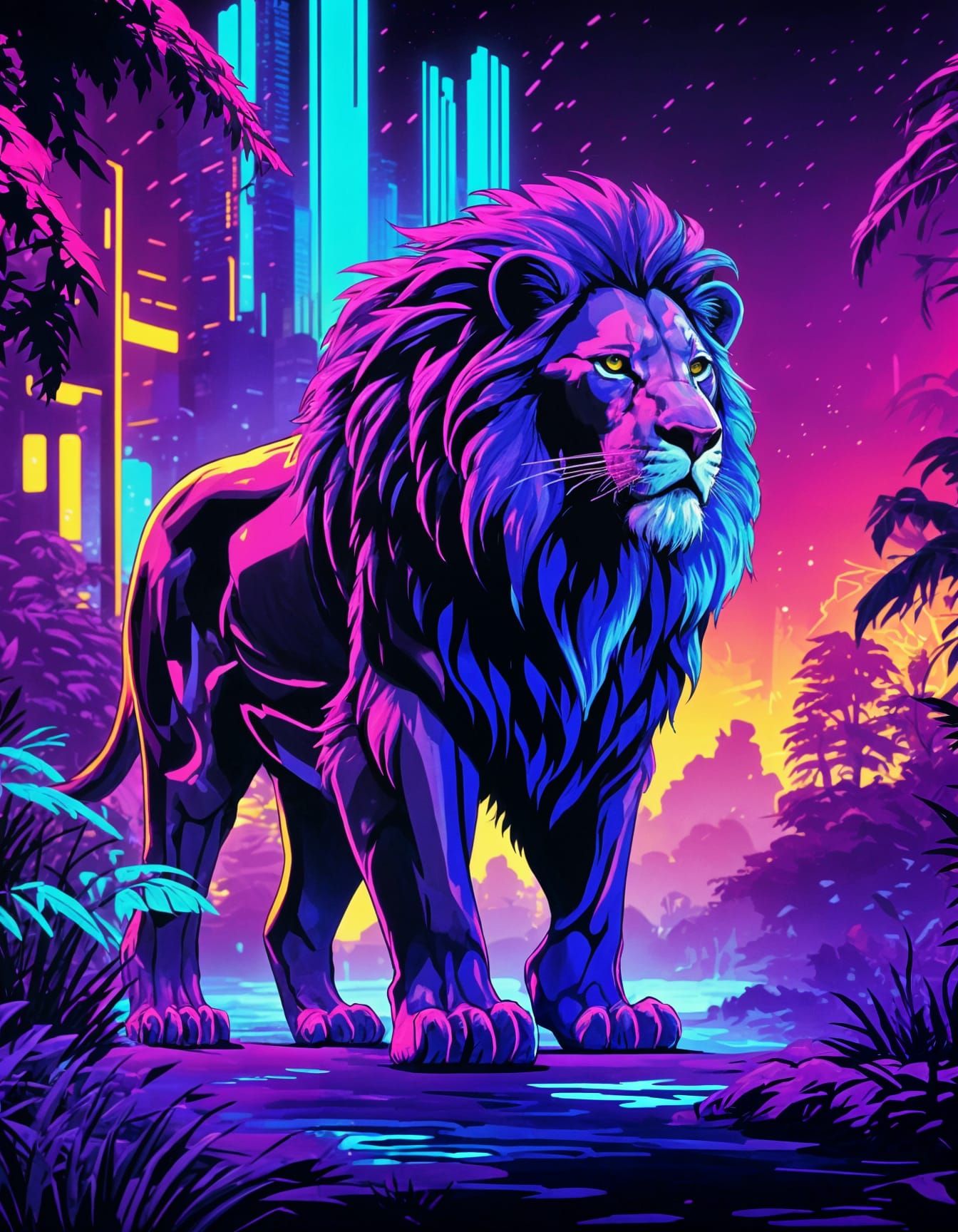Neon Lion Strides Through Glowing Cyberpunk Jungle