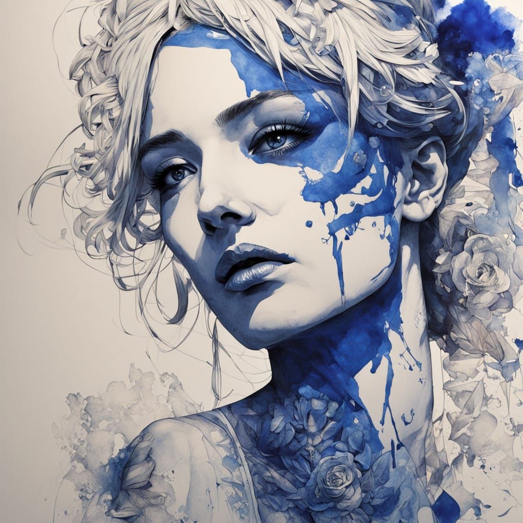 Hyperrealistic Paper Sculpture of a Sad Tattoo Model in Deep...