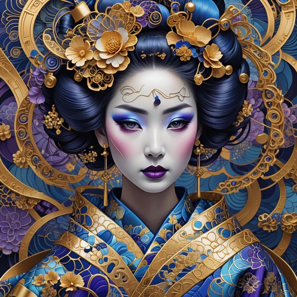 Geometric Fractal Art: Blue Geisha Portrait