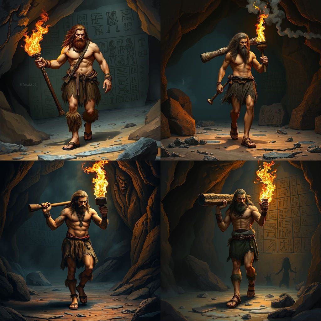 Caveman Discovering Ancient Hieroglyphs in a Cave