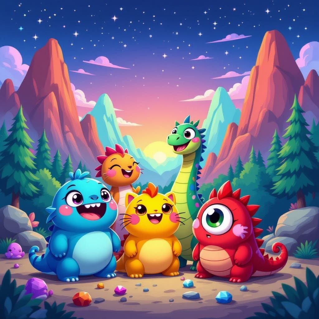 Whimsical Cartoon Creatures in a Vibrant Landscape