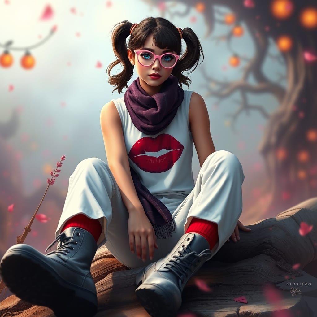 Whimsical Olivia Rodrigo in Dark Brown Ponytails and Bold Li...