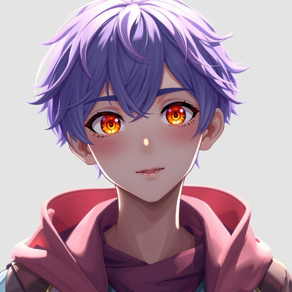 Violet Haired Boy with Orange Eyes in Anime Style