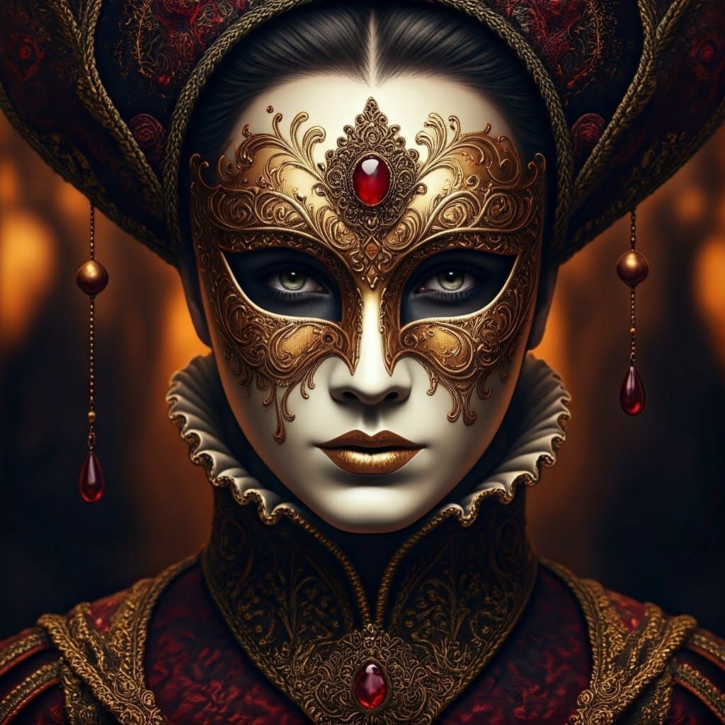 Regal Woman in Golden Baroque Mask