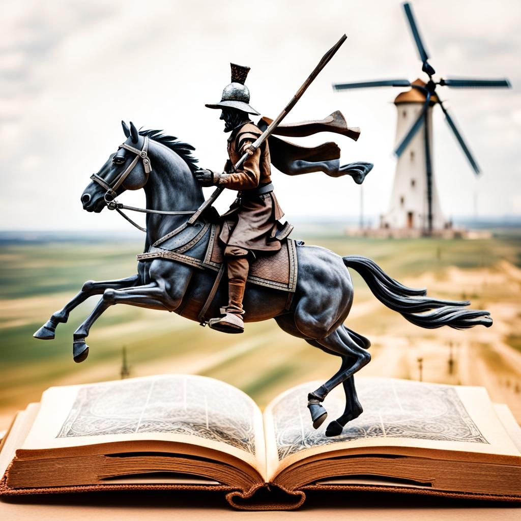 Don Quixote Rushes Forth from an Open Book