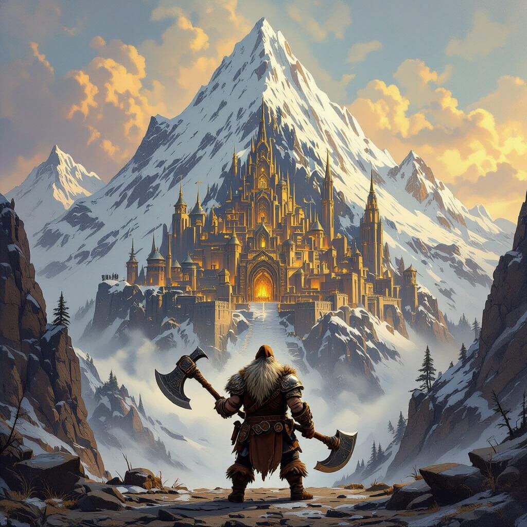 Dwarf Defies Mountain City: Classic Fantasy Art