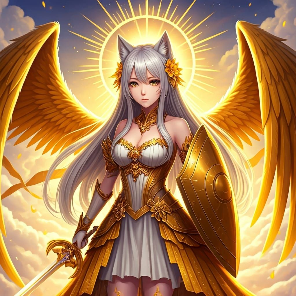 Anime Valkyrie Wolf Girl in Golden Armor