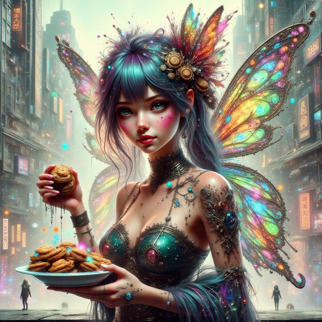 Urbanpunk Fairy with Cookies in Cyberpunk Atmosphere