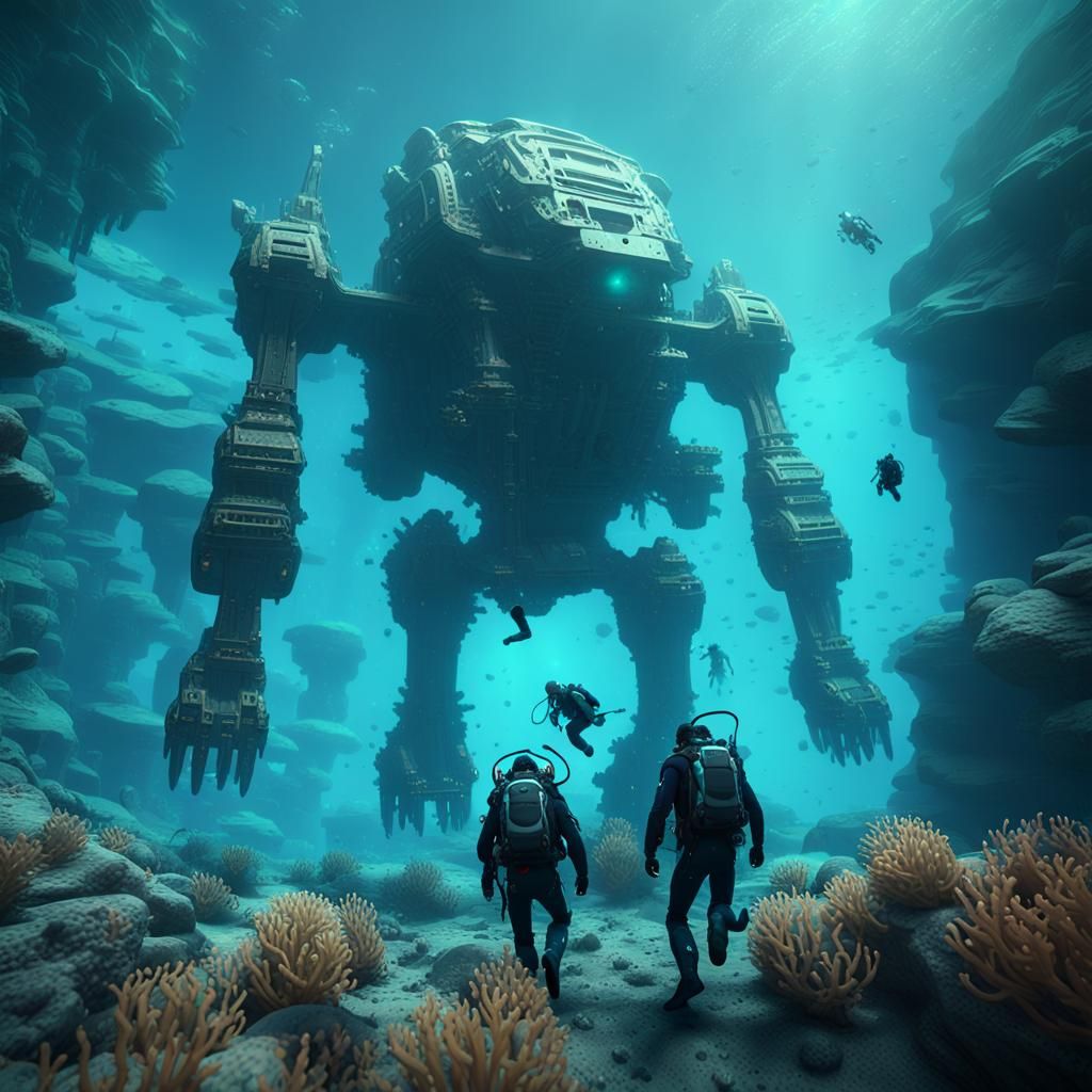 Divers Explore Megalithic Titan in Underwater Sci-Fi Scene