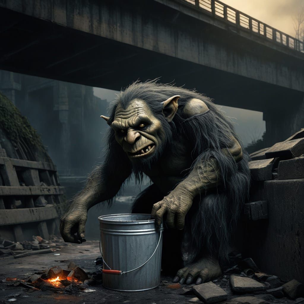 Ominous Dark Fantasy Troll Forages Under Bridge