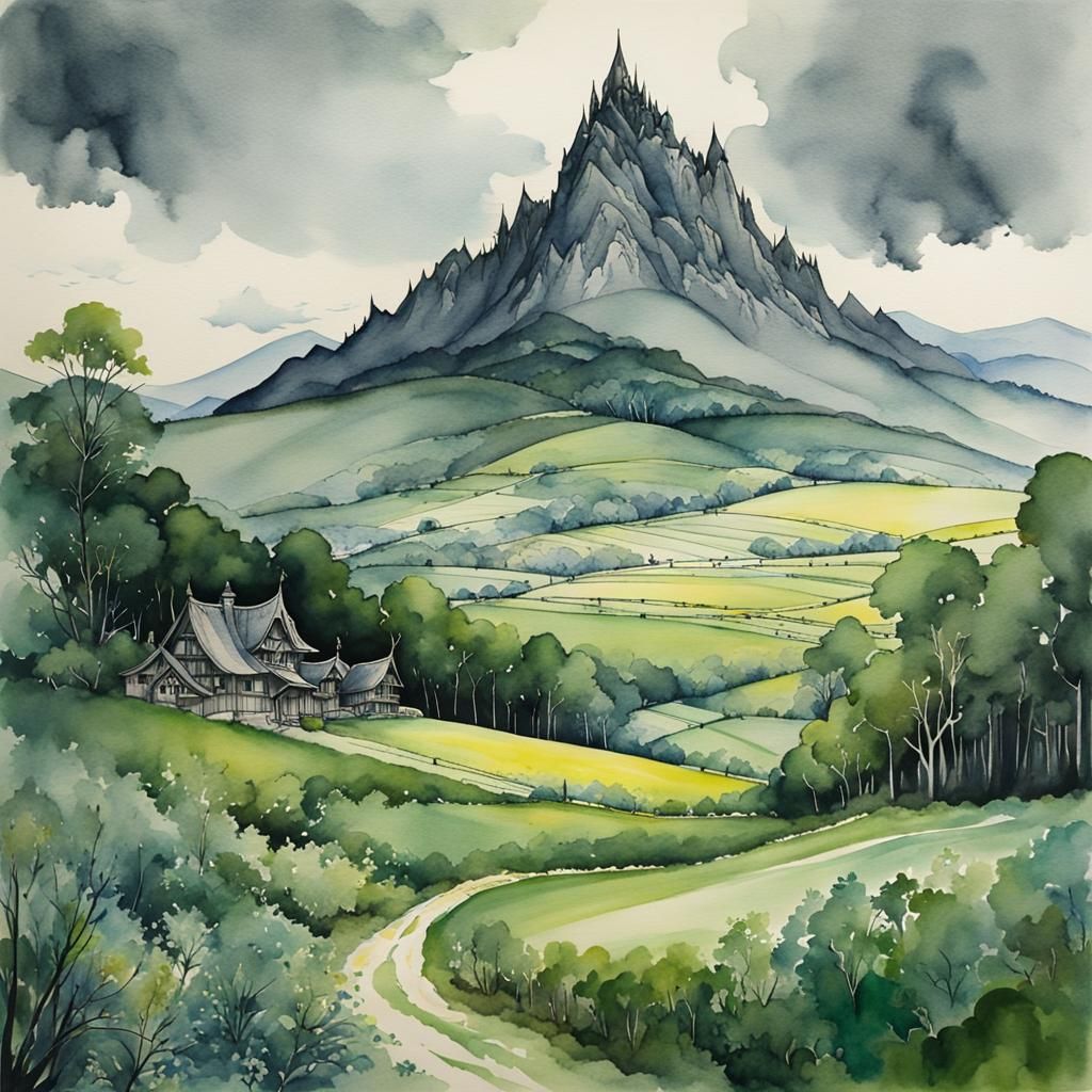 Fairytale Landscape: Mountain View in Watercolor Style